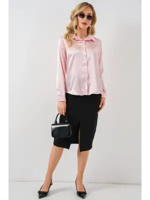 3964 Hafif Dökümlü Saten Gömlek - Pembe