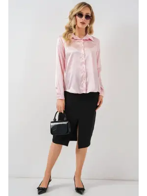 3964 Hafif Dökümlü Saten Gömlek - Pembe
