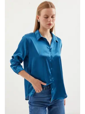 3964 Hafif Dökümlü Saten Gömlek - Petrol