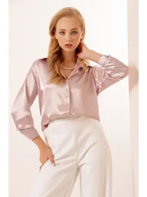 3964 Hafif Dökümlü Saten Gömlek - Pudra