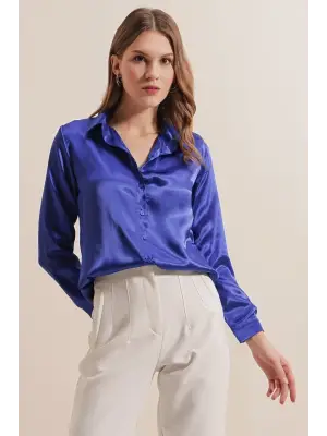 3964 Hafif Dökümlü Saten Gömlek - Saks