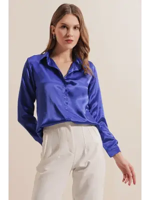 3964 Hafif Dökümlü Saten Gömlek - Saks