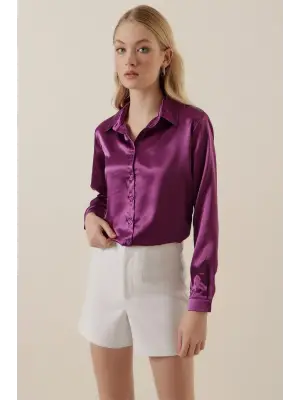 3964 Hafif Dökümlü Saten Gömlek - Y. Mor