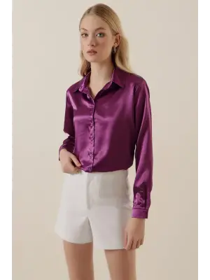 3964 Hafif Dökümlü Saten Gömlek - Y. Mor