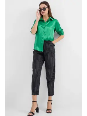 3964 Hafif Dökümlü Saten Gömlek - Yeşil