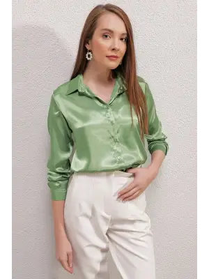 3964 Hafif Dökümlü Saten Gömlek - Y.Yeşil