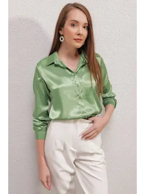 3964 Hafif Dökümlü Saten Gömlek - Y.Yeşil