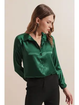 3964 Hafif Dökümlü Saten Gömlek - Zümrüt Yeşili