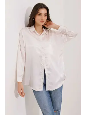 3985 Oversize Saten Gömlek - Bej