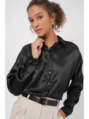 3985 Oversize Saten Gömlek - Siyah