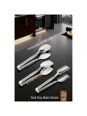 3’lü İnox Çelik Mutfak Maşa Seti - Makarna Pasta Salata Çok Amaçlı Maşa 3 lü SET