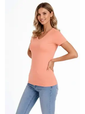 3lü V Yaka Tişört – Kısa Kollu Yazlık Slim Fit Body - Toz Pembe, Lacivert, Hardal