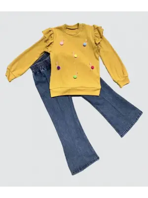 4-5-6 Yaş Kot Pantolonlu Flamingo Desenli Penye Sweat Uzun Kollu 2li Kız Çocuk Takımı Hardal