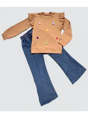 4-5-6 Yaş Kot Pantolonlu Flamingo Desenli Penye Sweat Uzun Kollu 2li Kız Çocuk Takımı Kahverengi