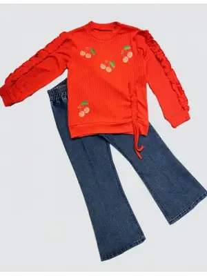 4-5-6 Yaş Kot Pantolonlu Kiraz Desenli Penye Sweat Uzun Kollu 2li Kız Çocuk Takımı Kırmızı