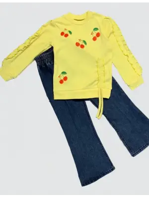4-5-6 Yaş Kot Pantolonlu Kiraz Desenli Penye Sweat Uzun Kollu 2li Kız Çocuk Takımı Sarı