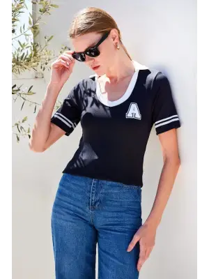 4320 Polo Yaka Basic Triko Bluz - Siyah