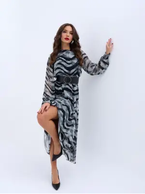 Omarı Vintage Desenli Midi Elbise