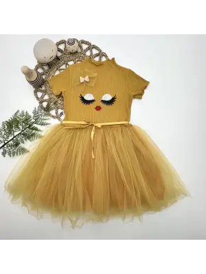 Zarif Yüz Baskılı Kız Çocuk Elbisesi