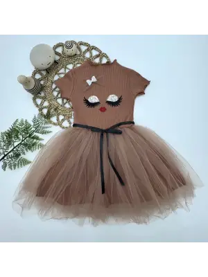 İddialı Payetli Yüz Baskılı Kız Çocuk Elbisesi