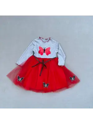 Göz Alıcı Kelebek Desenli Kız Çocuk Tütü Elbise Kırmızı