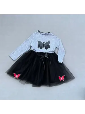 Zarif Taşlı Kelebek Desenli Kız Çocuk Tütü Elbise