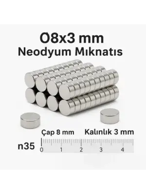 5 Adet 8x3mm Yuvarlak Neodyum Mıknatıs Güçlü Nikel Kaplamalı Kaliteli Dayanıklı Magnet