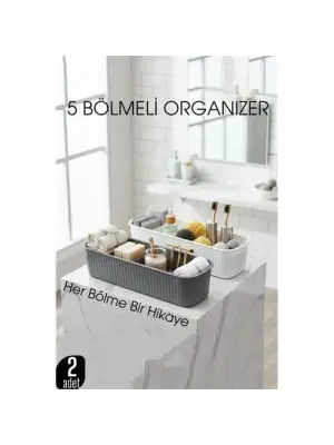 5 Bölmeli Banyo ve Makyaj Organizer Kutusu Gri & Beyaz 2’li Set  Tezgah Üstü Düzenleyici