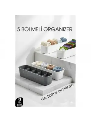 5 Bölmeli Dolap ve Çekmece İçi 2’li Set Organizer Kutusu (Gri & Beyaz)