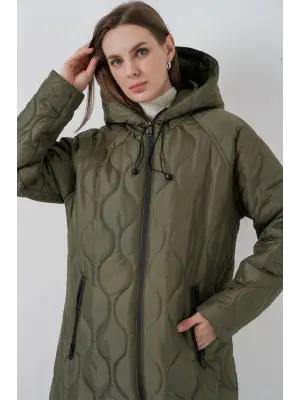 Haki Kapüşonlu Uzun Kapitone Mont Kadın Giyim