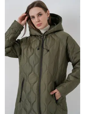 5177 Kapüşonlu Uzun Kapitone Mont - Haki