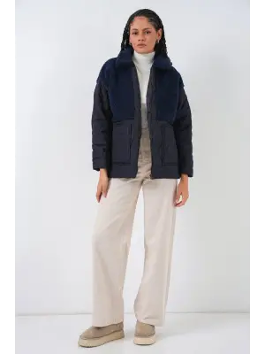 Lacivert Peluş Detaylı Oversize Şişme Mont Kadın Giyim