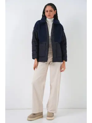 5182 Peluş Detaylı Oversize Şişme Mont - Lacivert