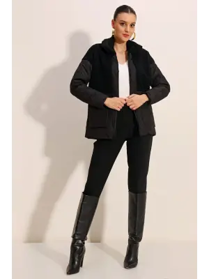 5182 Peluş Detaylı Oversize Şişme Mont - Siyah