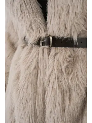 5186 Kruvaze Peluş Kürk Kaban - Krem