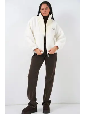 Ekru Peluş Mont Ceket Kadın Giyim