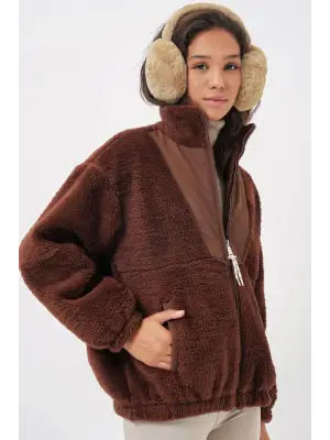 5194 Peluş Mont Ceket - Kahverengi