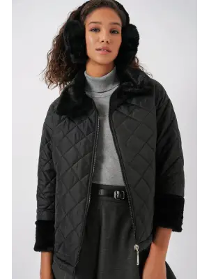 5202 Peluş Detaylı Kapitone Mont - Siyah