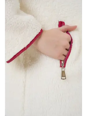 5211 Fermuarlı Peluş Mont - Kırmızı