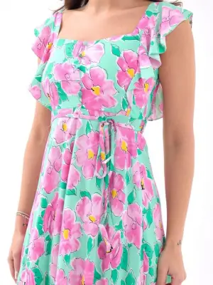 Omarı Zarif Pembe Gül Desenli Elbise