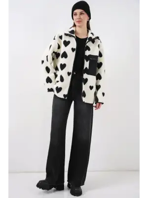 55446 Fermuarlı Oversize Peluş Ceket Mont - A.Beyaz