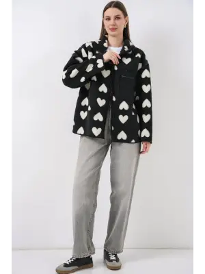 55446 Fermuarlı Oversize Peluş Ceket Mont - K. Siyah