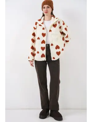 55446 Fermuarlı Oversize Peluş Ceket Mont - K. Taba