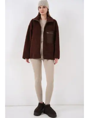 55446 Fermuarlı Oversize Peluş Ceket Mont - Kahverengi