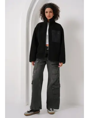 55446 Fermuarlı Oversize Peluş Ceket Mont - Siyah