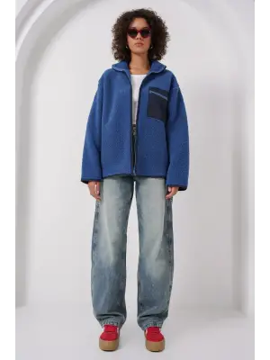55446 Fermuarlı Oversize Peluş Ceket - Saks