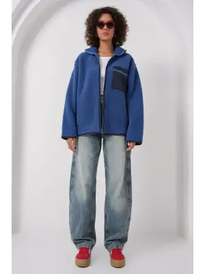 55446 Fermuarlı Oversize Peluş Ceket - Saks