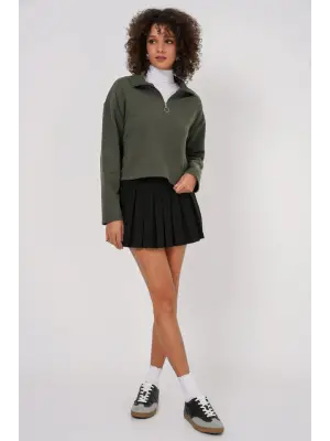 55449 Fermuarlı Yaka Örme Sweatshirt - Haki