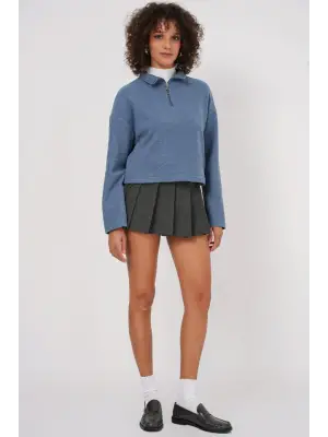 55449 Fermuarlı Yaka Örme Sweatshirt - İndigo