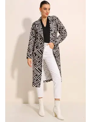 5853 Desenli Kruvaze Yaka Trençkot - C. Siyah